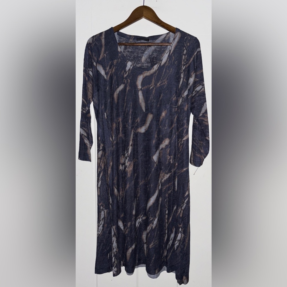 Nilly & Millie Graphic Marble Print Dress Blue Brown 3/4 Sleeve L Soft Flowy NEW